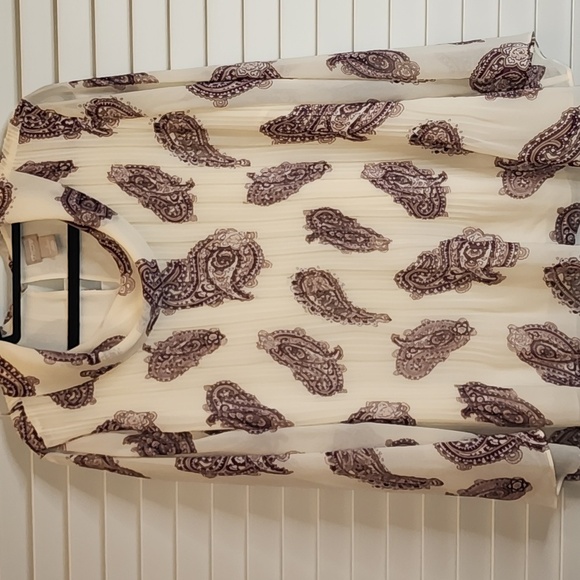 Chicos Cream Burgundy Paisley Pleated Blouse Sz 2 Layered Cowl Neck - Picture 1 of 6